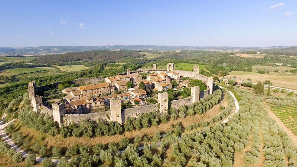 Autumn in Tuscany: an aerial view of Monteriggioni in Siena